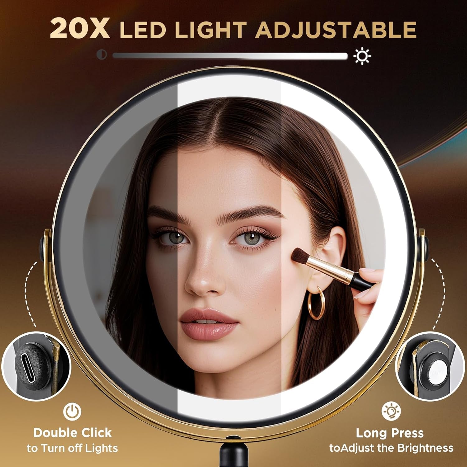 Lighted Makeup Mirror, 20X Magnifying Rechargeable Double Side Vanity Mirror, 3 Color Lights with Brightness Adjustable, Matte Black with Gold Trim, Modern Style Side Touch + Side Charge, Women Gift