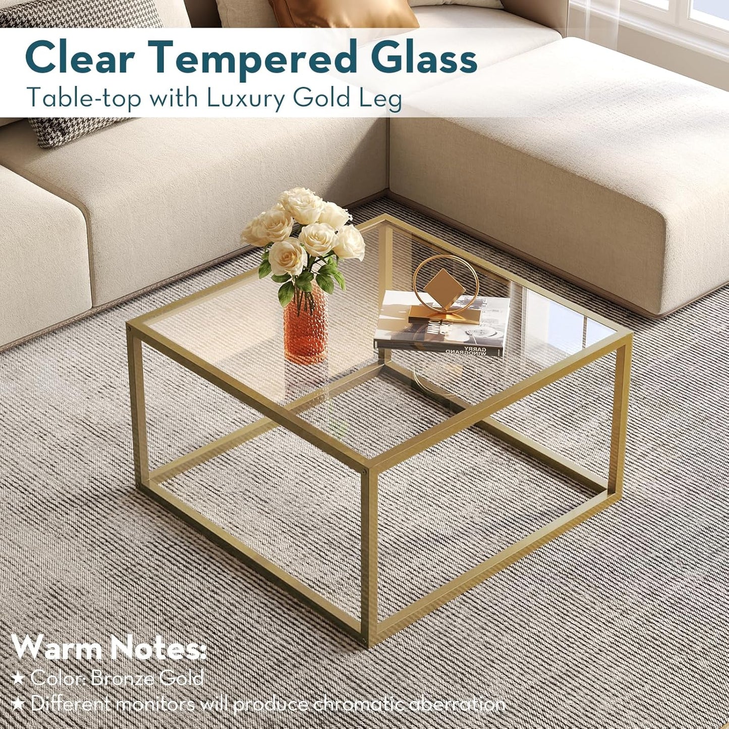 Glass Coffee Table Modern Coffee Tables for Living Room Square Minimalist Center Tables for Home Office 26.7 X 26.7 X 17.7, Gold
