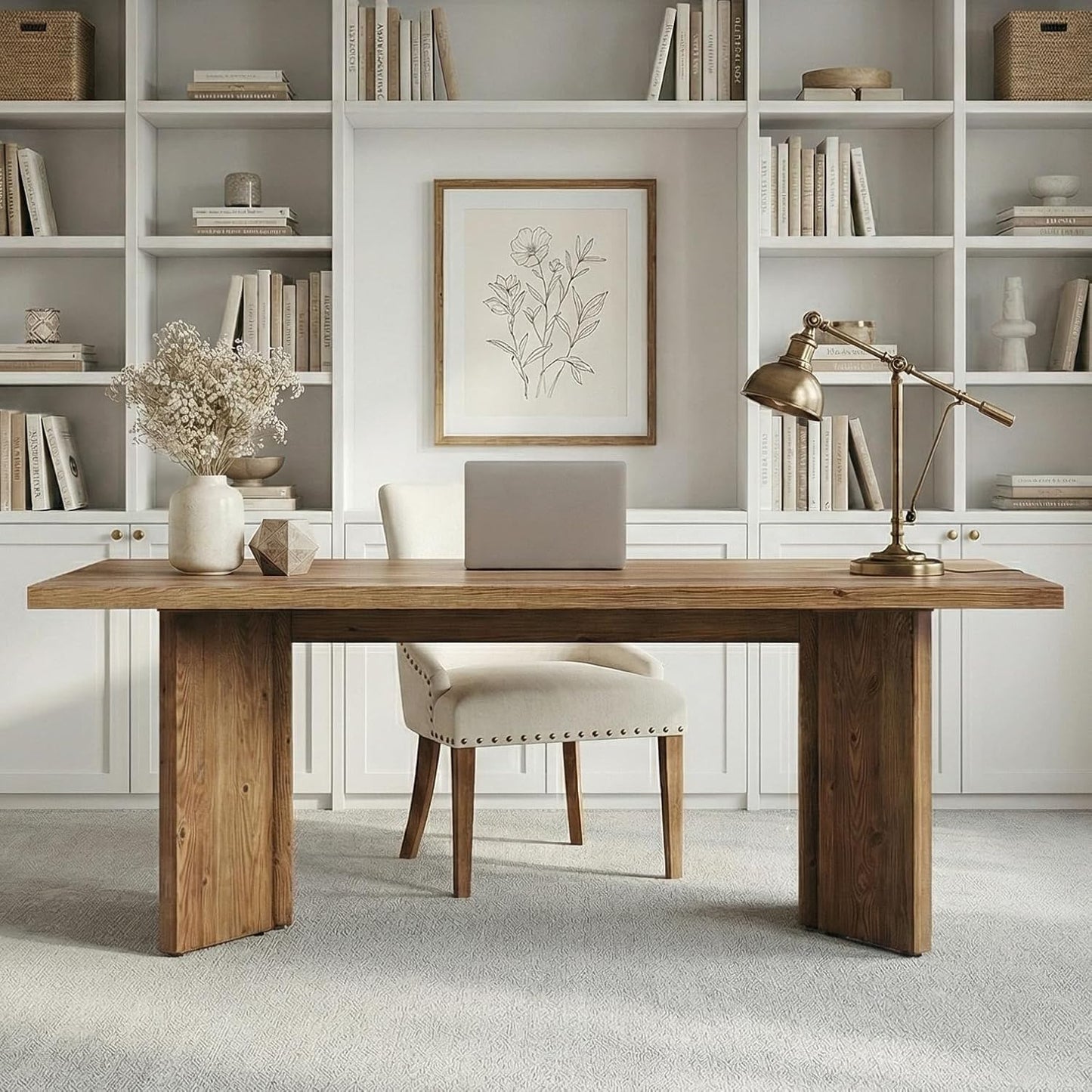 63" Long Large Wood Desks, Solid Wood Office Desk, Farmhouse Executive Computer Desk, Home Office Workstaticon, Work Writing Table, Rustic Brown