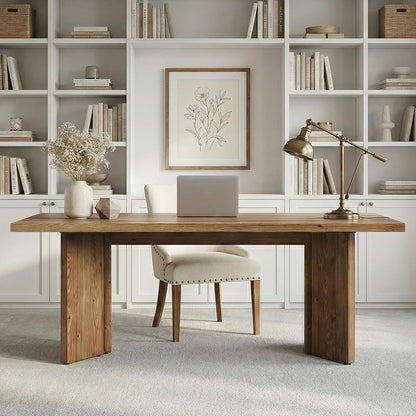 63" Long Large Wood Desks, Solid Wood Office Desk, Farmhouse Executive Computer Desk, Home Office Workstaticon, Work Writing Table, Rustic Brown