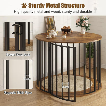 32 Inch Dog Crate Furniture for Large Medium Dogs, Wooden Dog Kennel Indoor Decorative Pet House Side End Table, round Dog Cage, Rustic Brown