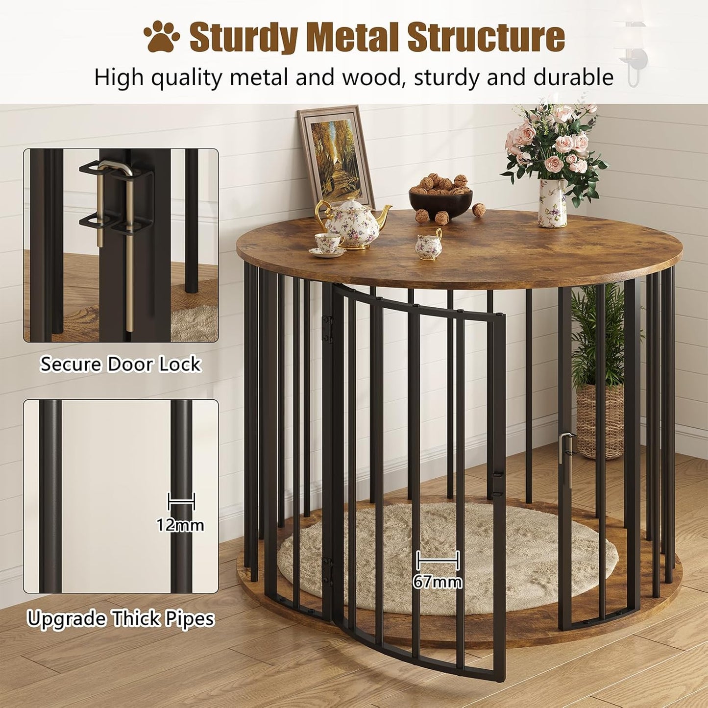 32 Inch Dog Crate Furniture for Large Medium Dogs, Wooden Dog Kennel Indoor Decorative Pet House Side End Table, round Dog Cage, White and Gold