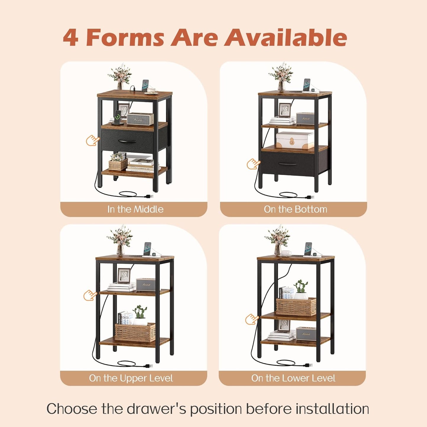 Nightstand with Charging Station, Bed Side Table with Adjustable Fabric Drawer, Night Stand for Bedroom, 3-Tier Storage End Table, for Living Room, Rustic Brown and Black