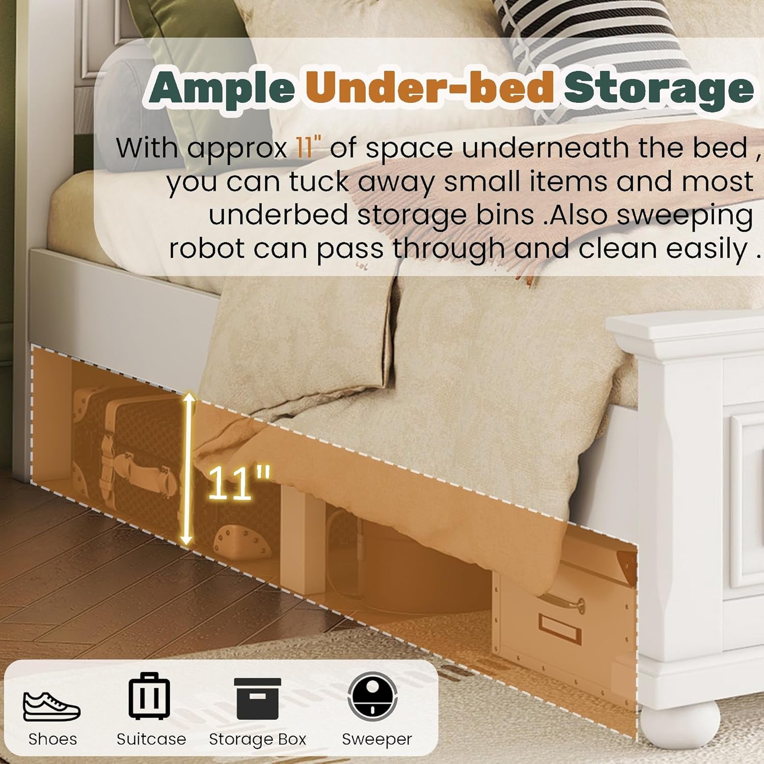 Wood Queen Bed Frame with Tall Headboard and Footboard, Rustic Queen Panel Bed with under Bed Storage, Farmhouse Style, Noise-Free, No Box Spring Needed, White