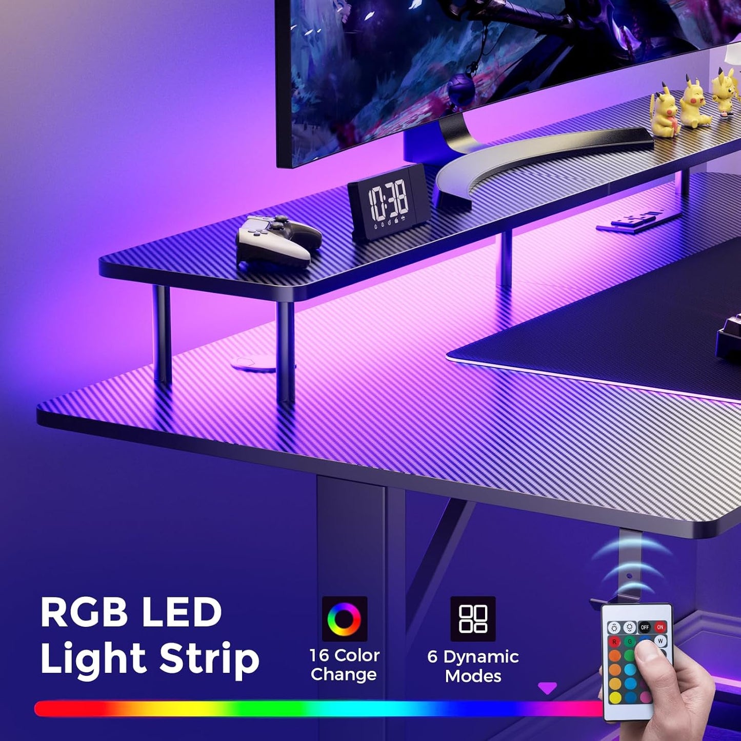 55 Inch Gaming Desk with LED Lights & Power Outlet, Computer Gamer Desk with Monitor Stand, Ergonomic Carbon Fiber Gaming Table Home Office Desk with Headphone Hook & Mouse Pad