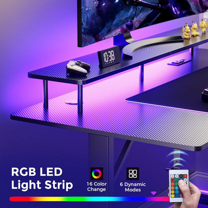 55 Inch Gaming Desk with LED Lights & Power Outlet, Computer Gamer Desk with Monitor Stand, Ergonomic Carbon Fiber Gaming Table Home Office Desk with Headphone Hook & Mouse Pad
