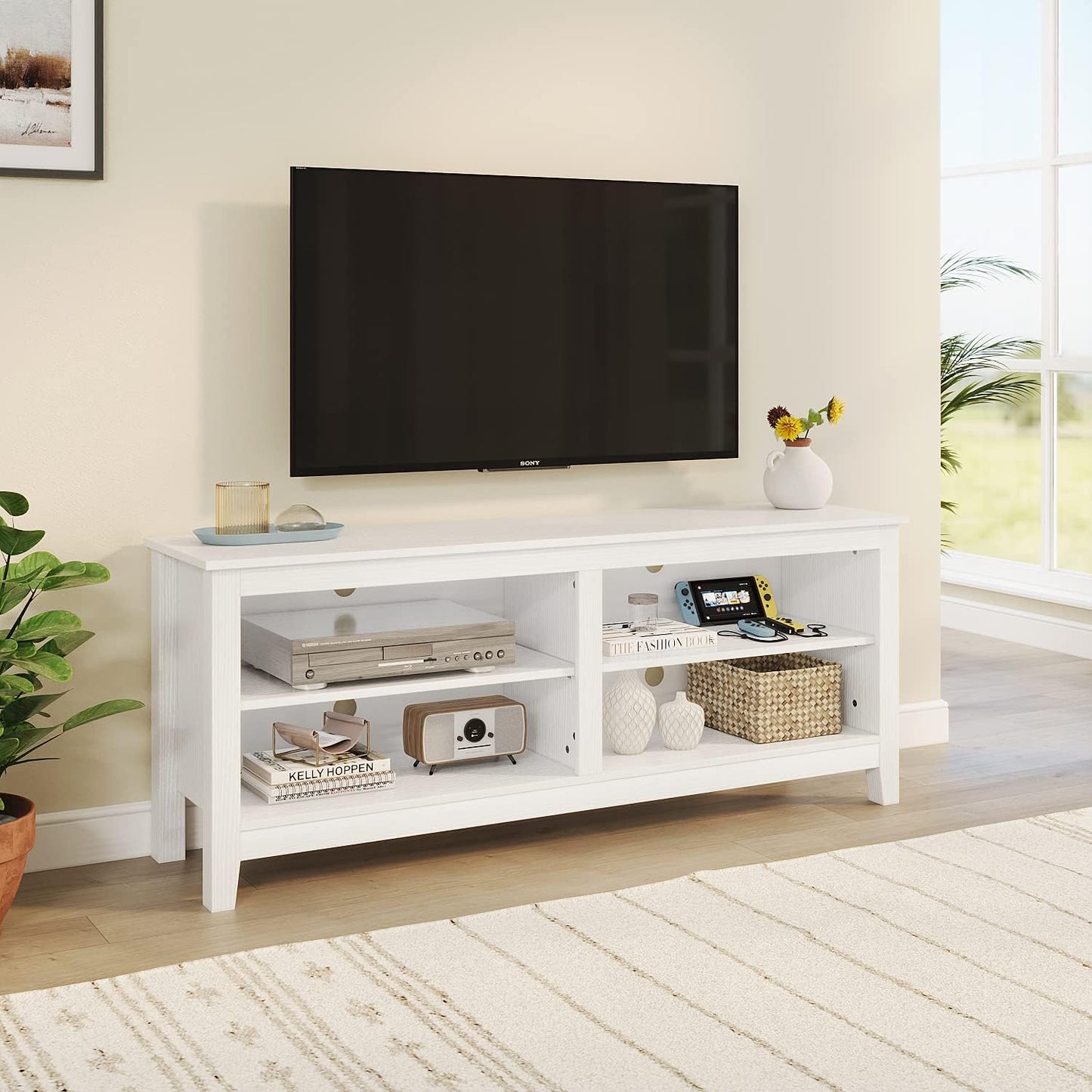 TV Stand, Classic 4 Cubby TV Stand for 60 Inch TV, Entertainment Center Media Television Stand for Living Room Bedroom (White, 55 Inch)