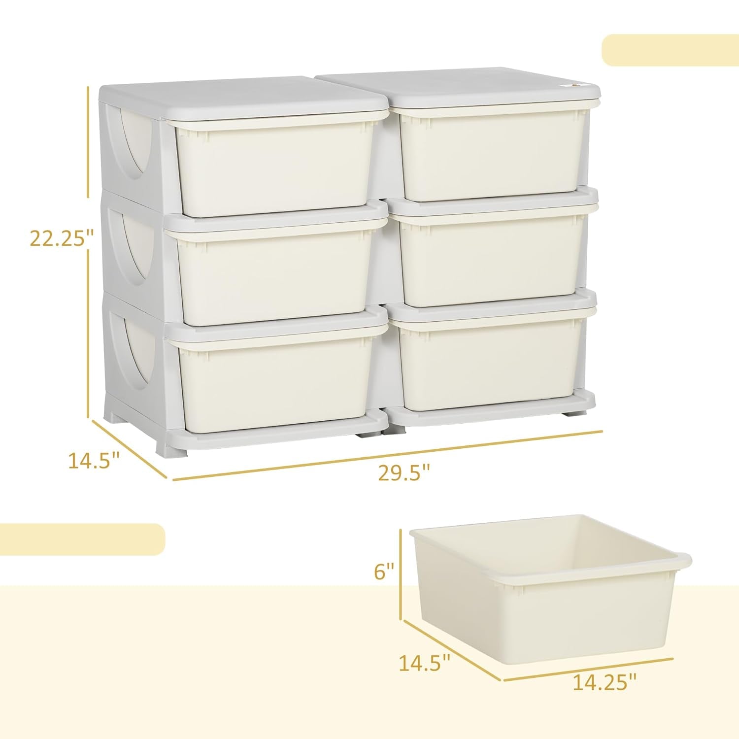 3 Tier Kids Storage Unit, Toy Organizers and Storage with 6 Drawer Chest for Kids Bedroom Nursery Kindergarten Living Room for Boys Girls Toddlers, Cream White