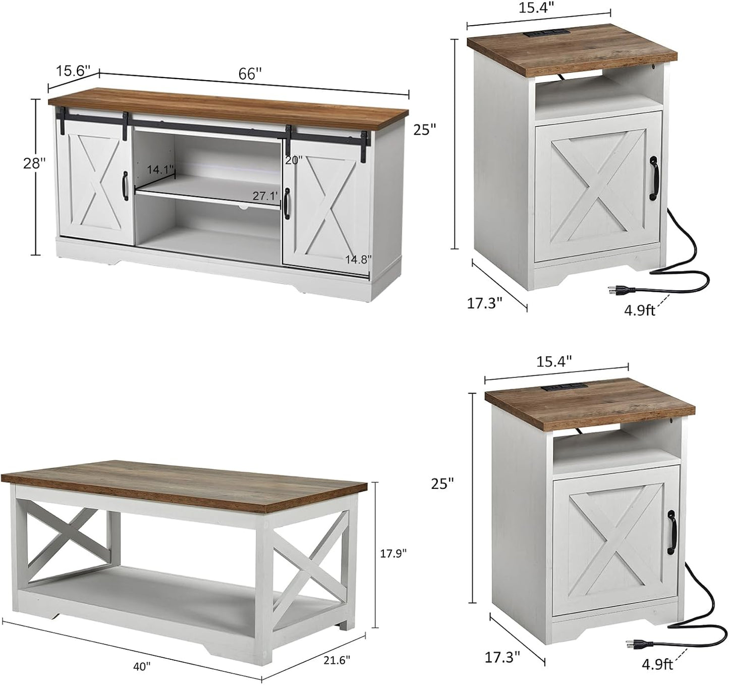 4-Piece Farmhouse Table Set Includes Sliding Barn Door TV Stand, Coffee Table& Two End Tables, Side Table with Charging Station and USB Ports, for Living Room, Distressed White, 66"