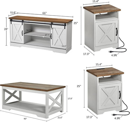 4-Piece Farmhouse Table Set Includes Sliding Barn Door TV Stand, Coffee Table& Two End Tables, Side Table with Charging Station and USB Ports, for Living Room, Distressed White, 66"