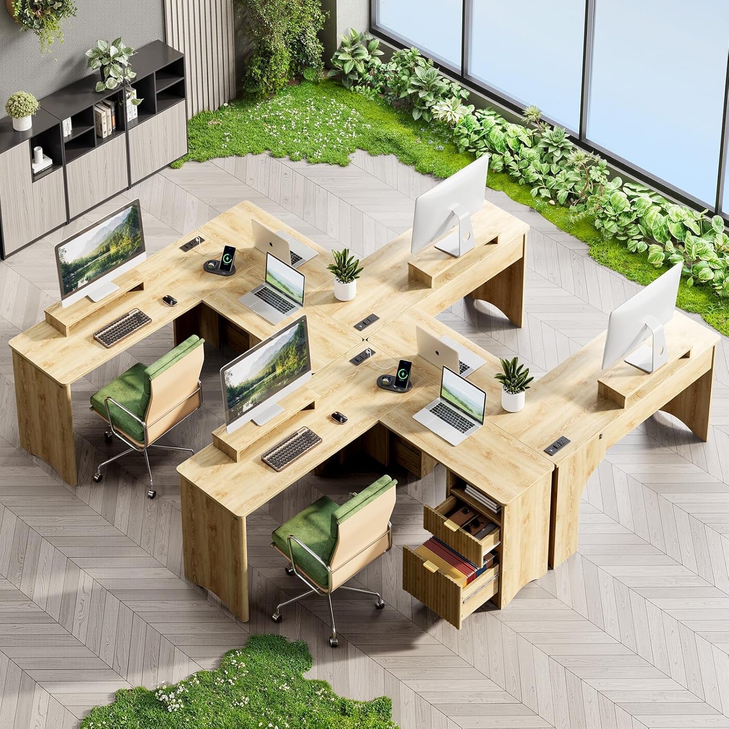 L Shaped Desk with Lift Desktop, 55 Inch Corner Desk with Fluted Panel Deisgn Drawers, Modern Office Desk with File Drawer (Natual Oak, 55'' X 55'' Lift Top)