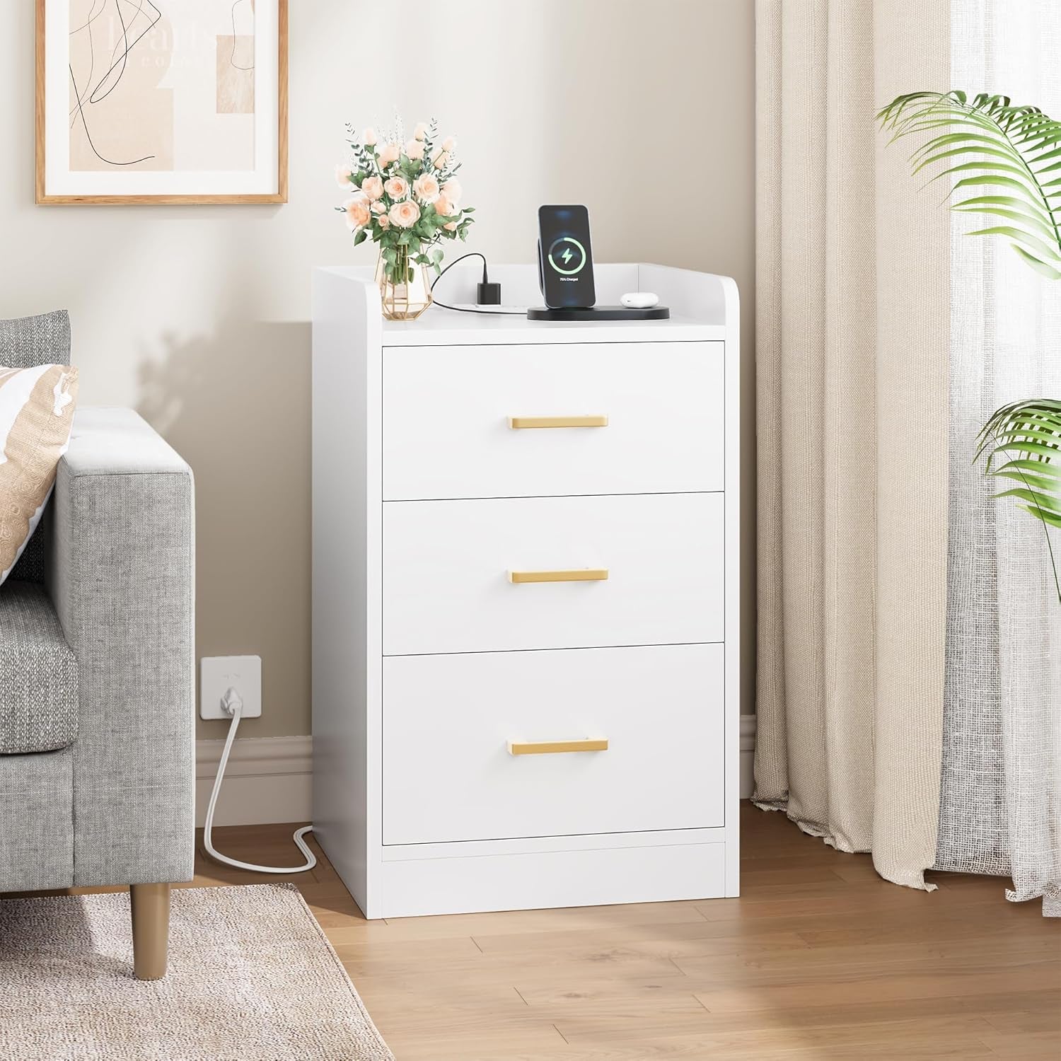 Nightstands Set of 2 with Charging Station, 3 Drawer Nightstand with Gold Handles, White Nightstand for Bedroom, Modern Design End Side Table for Home, Office