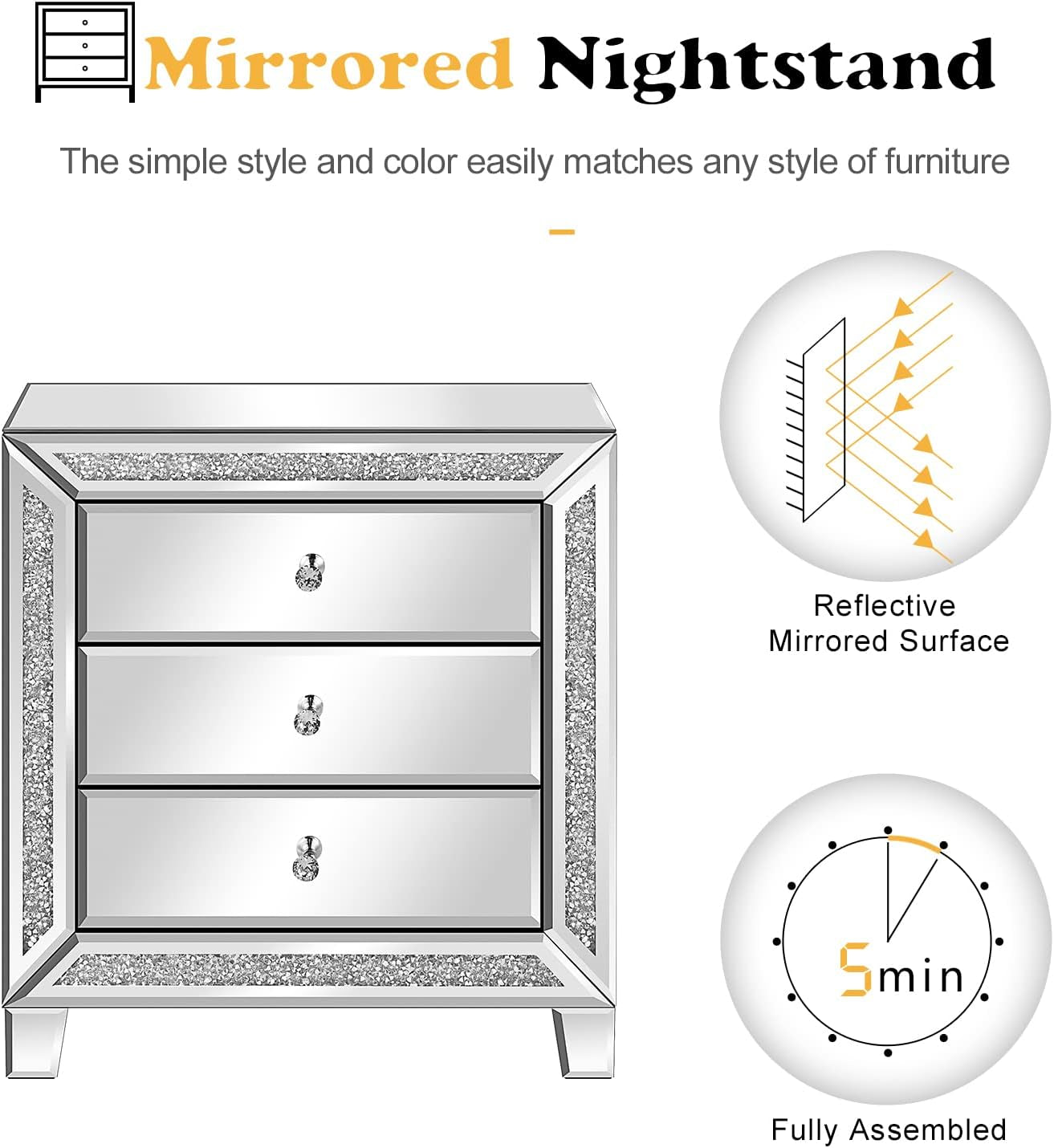 Mirrored Nightstands Set of 2, 23" W Glass Mirror Night Stand Set of 2, Modern Bedside Table 3 Drawer Glass Side End Table Silver Dresser for Bedroom, 23”W X 13.8”D X 24.8”H