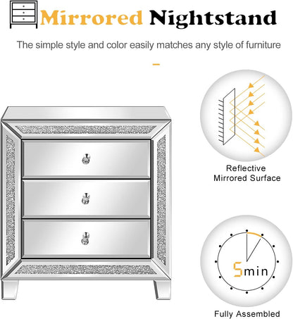 Mirrored Nightstands Set of 2, 23" W Glass Mirror Night Stand Set of 2, Modern Bedside Table 3 Drawer Glass Side End Table Silver Dresser for Bedroom, 23”W X 13.8”D X 24.8”H