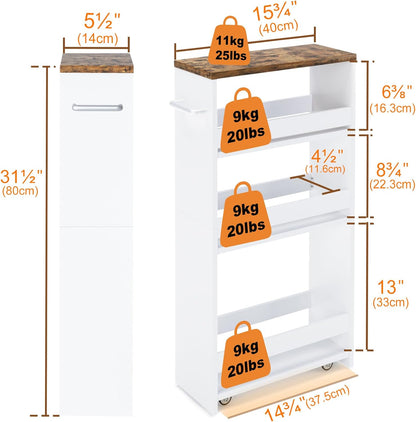 4 Tier White Slim Storage Cart with Handle, Slide Out Storage Rolling Utility Cart Mobile Shelving Unit Organizer Trolley for Small Spaces Kitchen Laundry Narrow Places
