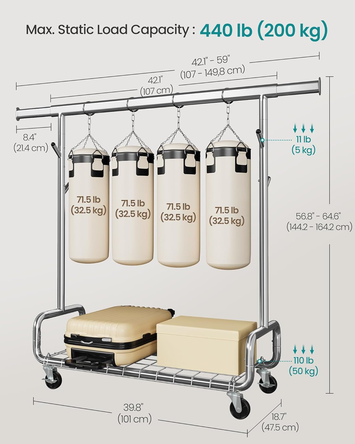 Clothes Rack, Heavy-Duty Rolling Clothing Garment Rack with Wheels, Extendable Hanging Rod and Adjustable Height, Portable, with Shelf and Hooks, Silver UHSR014E01