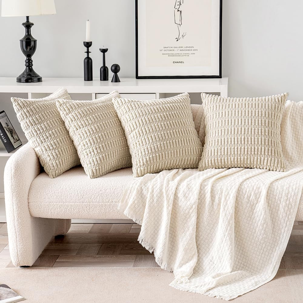 Pack of 4 Cream White Corduroy Christmas Decorative Throw Pillow Covers 18X18 Inch Soft Boho Striped Pillow Covers Modern Farmhouse Home Decor for Sofa Living Room Couch Bed