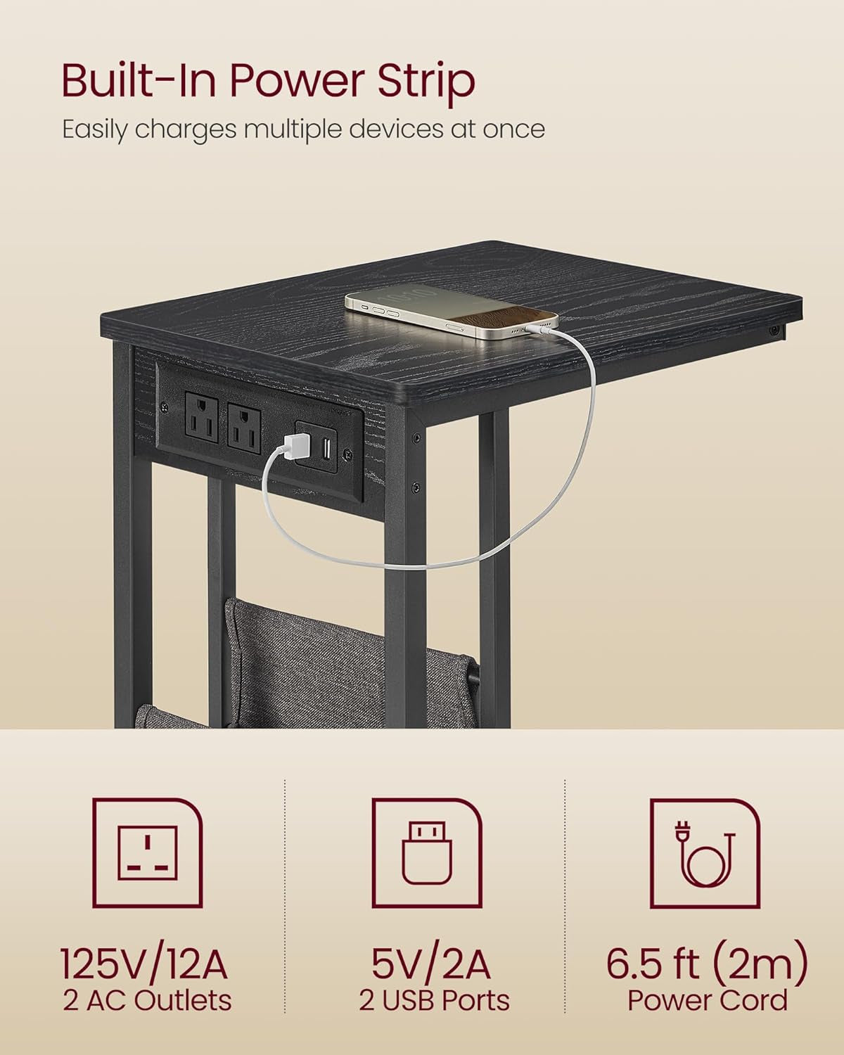 C-Shaped Side Table, End Table with Charging Station, 2 USB Ports and Outlets, C Table for Couch, Sofa, with Storage Bag, Adjustable Feet, for Bedroom, Living Room, Ebony Black ULET356B01