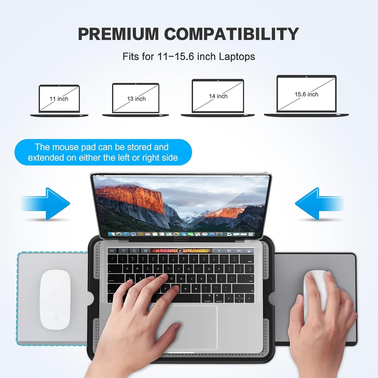 Portable Laptop Lap Desk W/Retractable Left/Right Mouse Pad Tray, Non-Slip Heat Shield Tablet Notebook Computer Stand Table W/Sturdy Stable Work Surface for Bed Sofa Couch or Travel