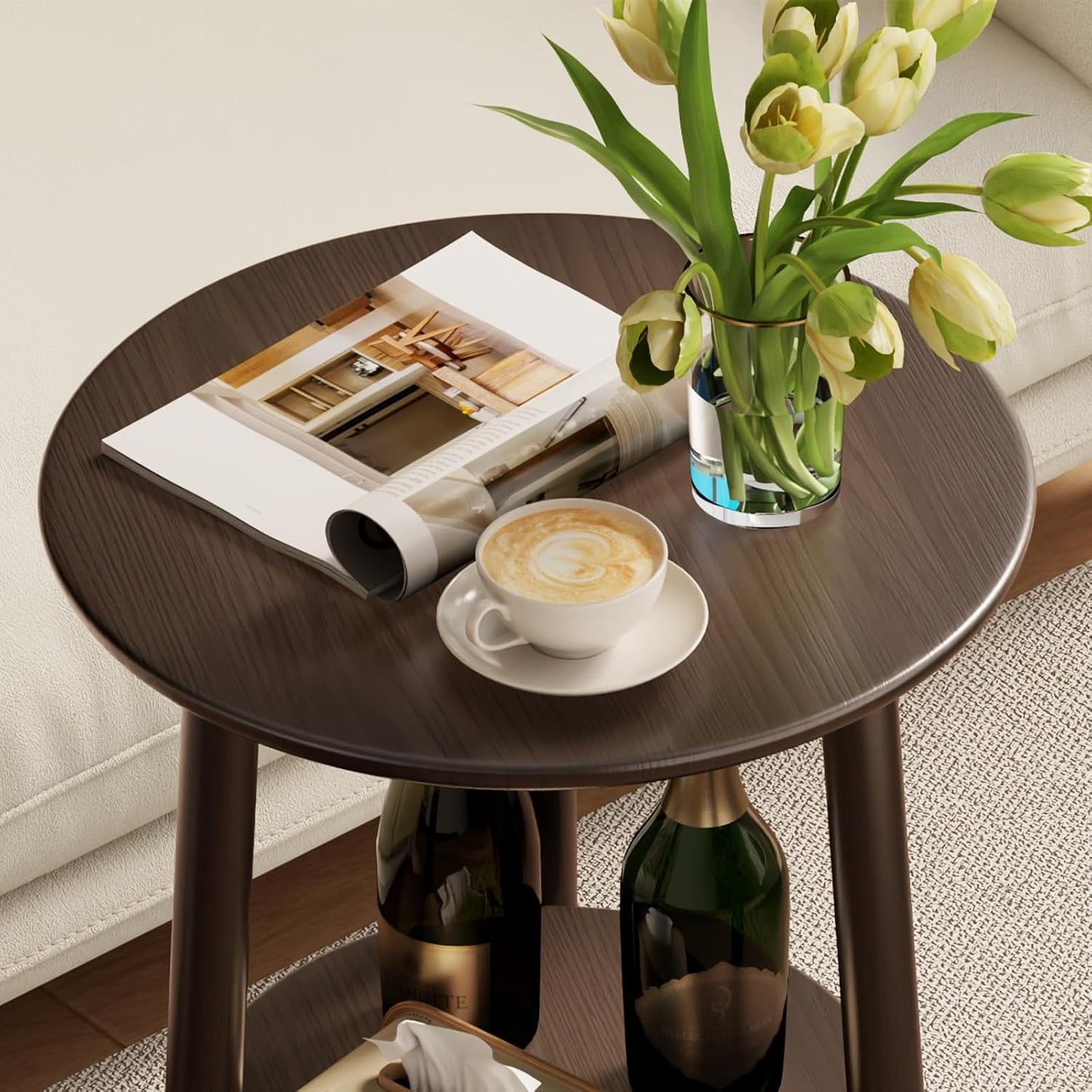 Round End Table,Solid Wood Small round Table with Lower Shelf,Round Side Table,Nightstand for Small Spaces,Living Room,Bedroom(Walnut)