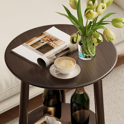 Round End Table,Solid Wood Small round Table with Lower Shelf,Round Side Table,Nightstand for Small Spaces,Living Room,Bedroom(Walnut)