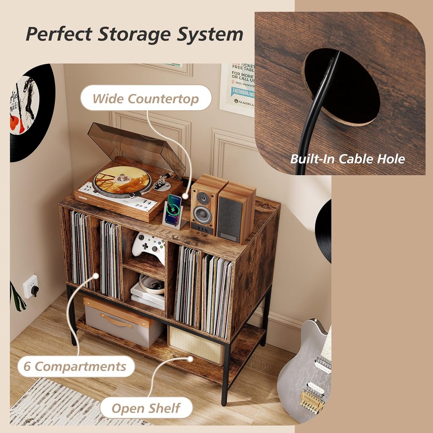 Record Player Stand with Charging Station, Turntable Stand with Storage Shelves Hold up to 150+ Albums, Record Player Table with Metal Frame, Vinyl Record Storage for Music Living Room, Brown