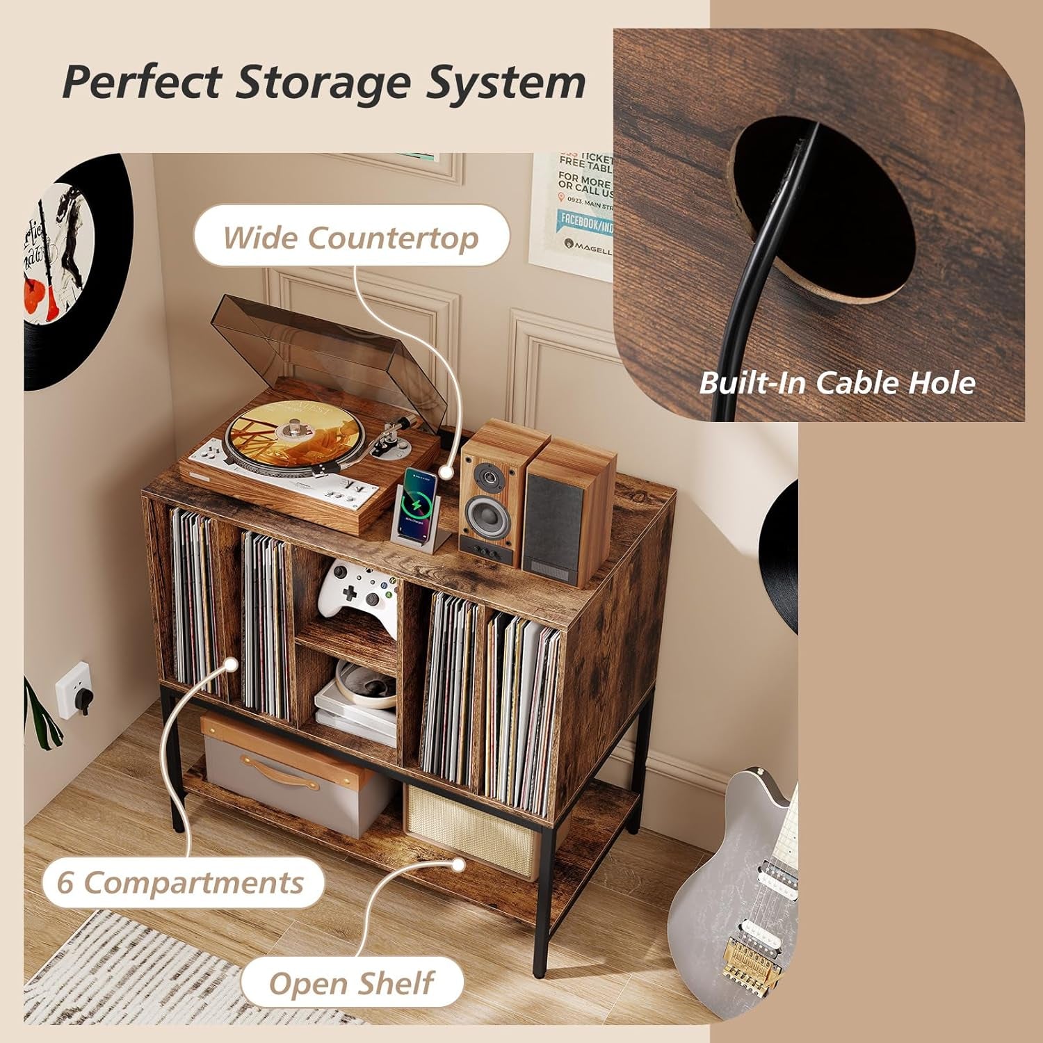 Record Player Stand with Charging Station, Turntable Stand with Storage Shelves Hold up to 150+ Albums, Record Player Table with Metal Frame, Vinyl Record Storage for Music Living Room, Brown