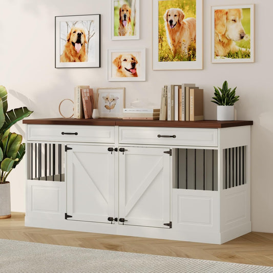 Dog Crate Furniture - Indoor Wood Dog Kennel Furniture 4 Doors with Divider and 2 Drawers - 72" L X 23.6" W X 33.5" H, White