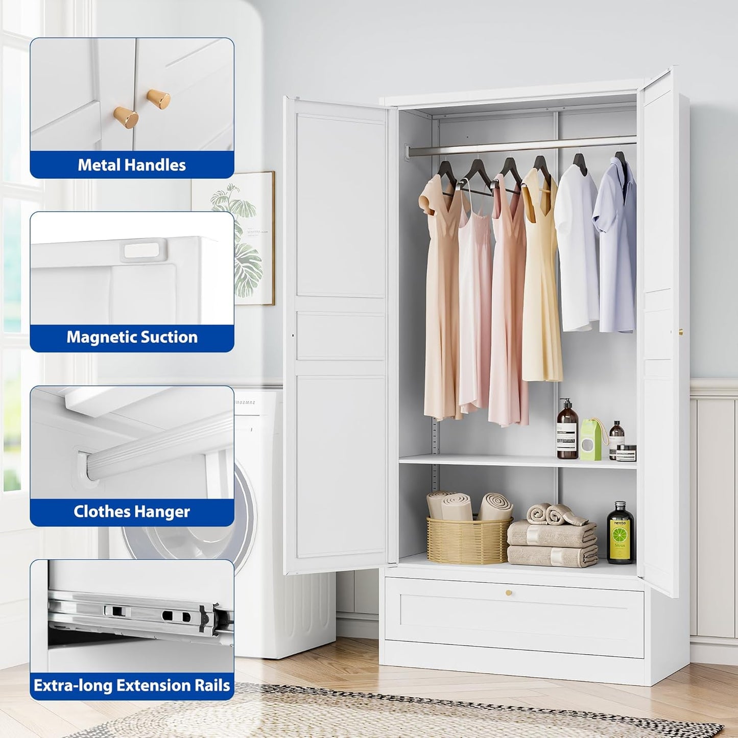 Metal Armoire Wardrobe Closet with 2 Doors 72'' Wardrobe Cabinet with Drawers and Hanging Rail Metal Closet with Adjustable Shelves for Bedroom. (White, with 1Drawer)