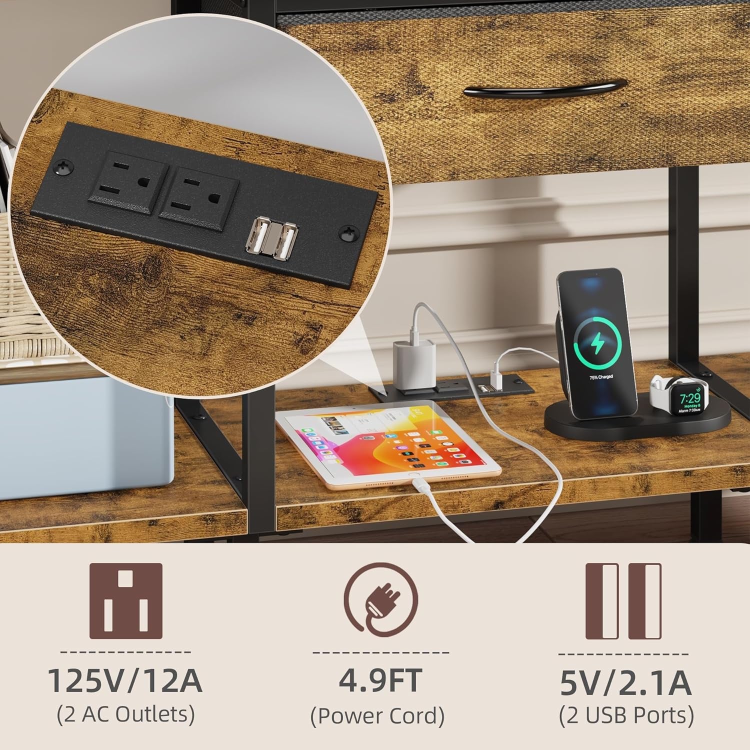 LED TV Stand with Power Outlet and Fabric Drawer for 55 50 45 Inches TV - Entertainment Center and Industrial TV Console Table for Living Room, Bedroom- 47" Rustic Brown