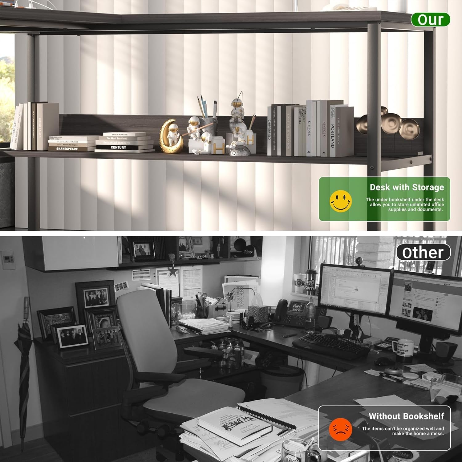 Reversible L Shaped Desk with Magic Power Outlets and USB Charging Ports, Sturdy Corner Computer Desk with Storage Shelves, Gaming Desk for Home Office, Easy to Assemble, Black Oak