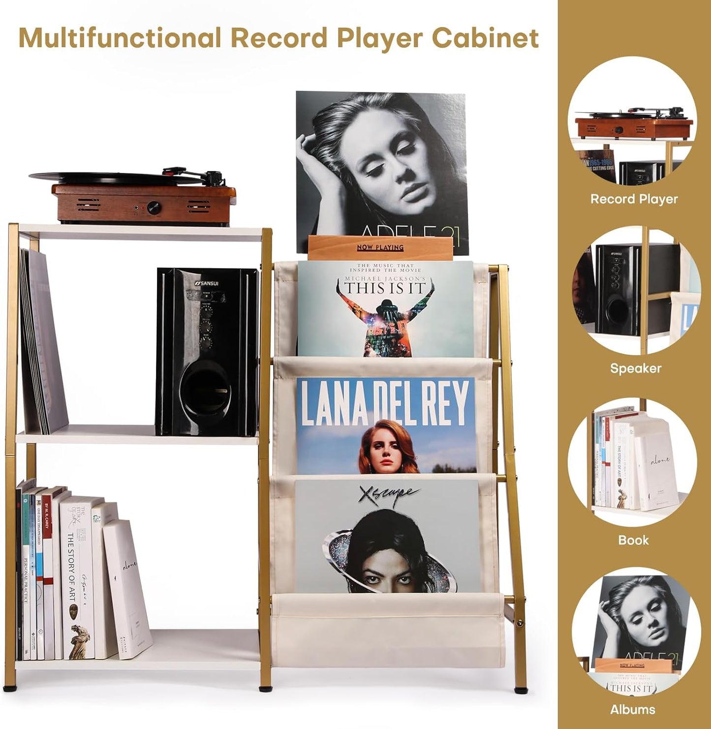 Stand for Record Player, 3 Tier Vinyl Record Storage with Now Playing Holder, Turntable Stand, Vinyl Display with Speaker Storage for Living Room, Gold White