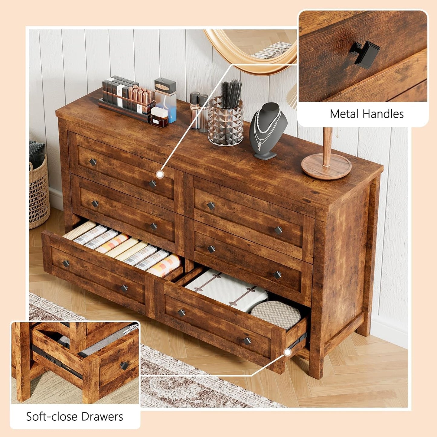 Bedroom Dresser and Nightstand 3 Piece Set, 1 X Wood Rustic 6 Drawer Storage Dresser, Nightstand Set of 2 with Charging Station, Farmhouse Bedroom Furniture Set, Rustic Brown