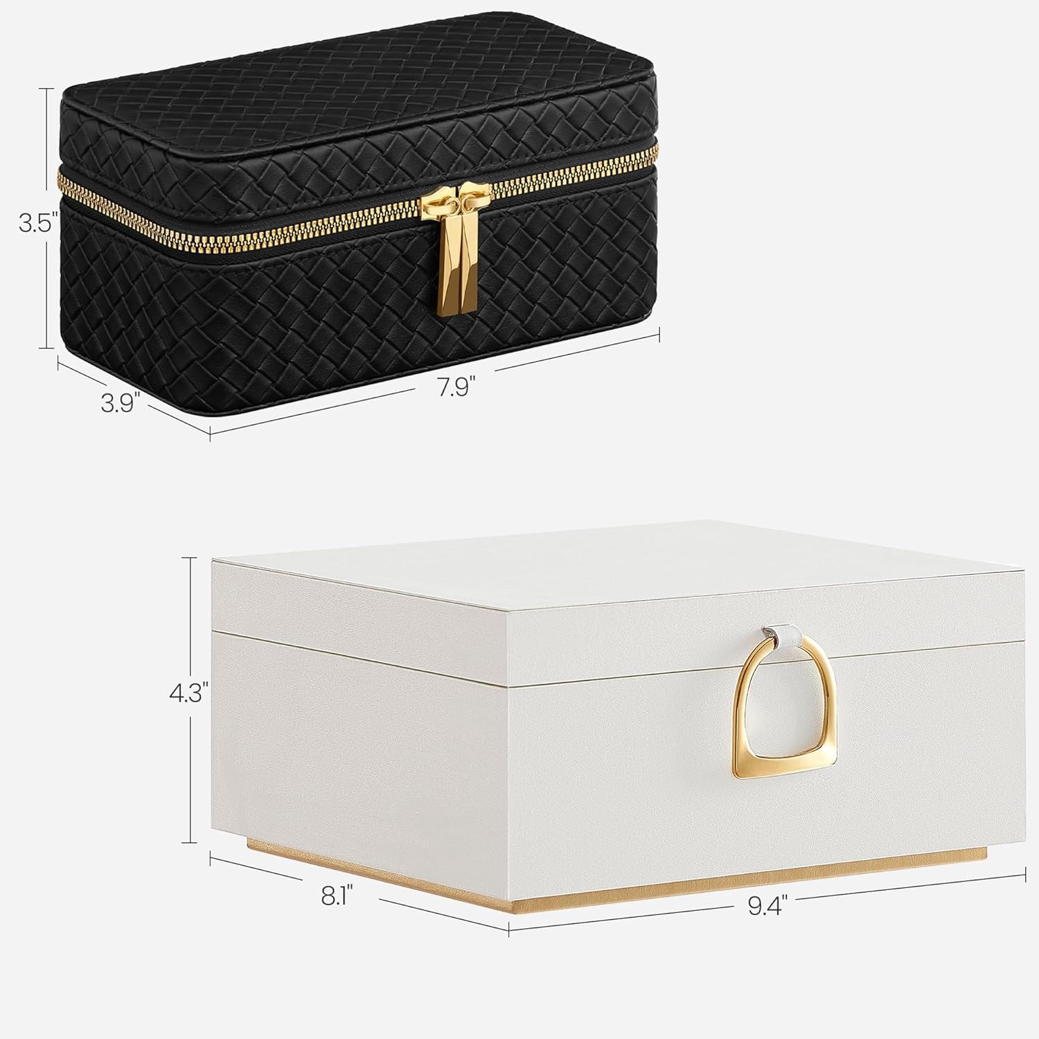 2-Layer Jewelry Box Bundle with Watch Case, Jewelry Organizer with Removable Tray, 3-Slot Watch Travel Box, Gift Idea, White and Ink Black UJBC165W01 and UJWB017B01