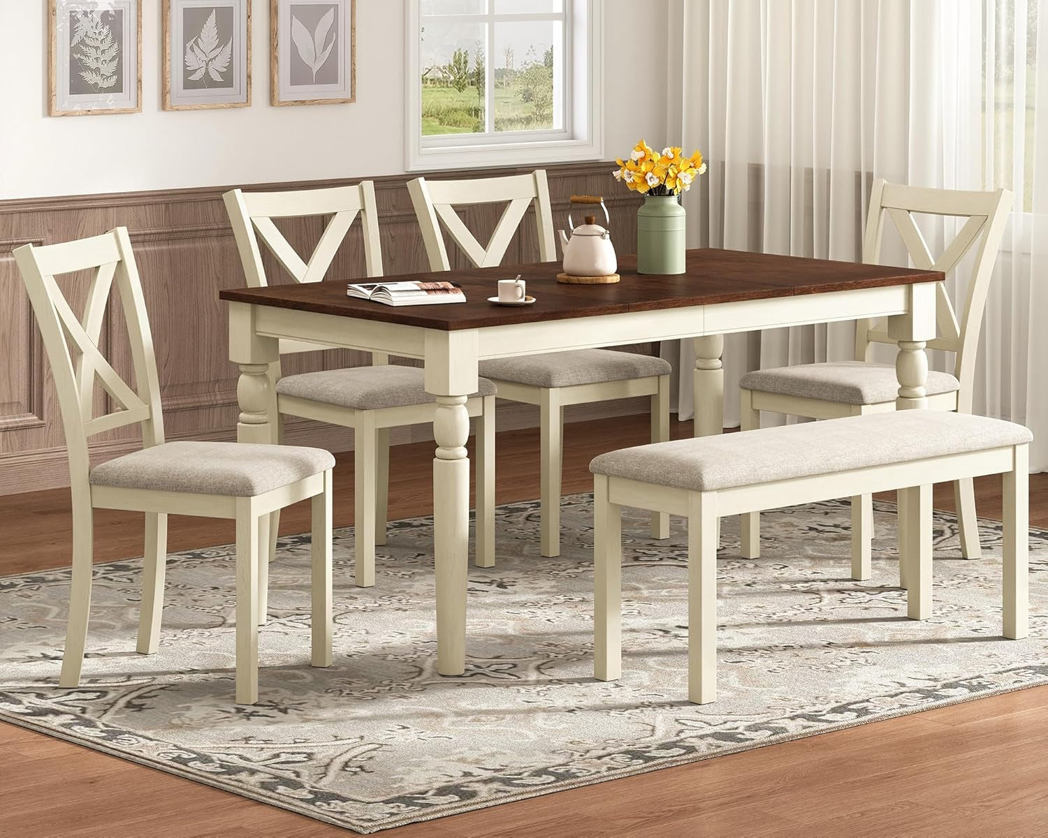 6-Piece Farmhouse Dining Table Set, 60” Solid Wood Table, 4 Upholstered Chairs and Bench, Rustic White and Walnut Finish, Seating for 6, for Kitchen or Dining Room
