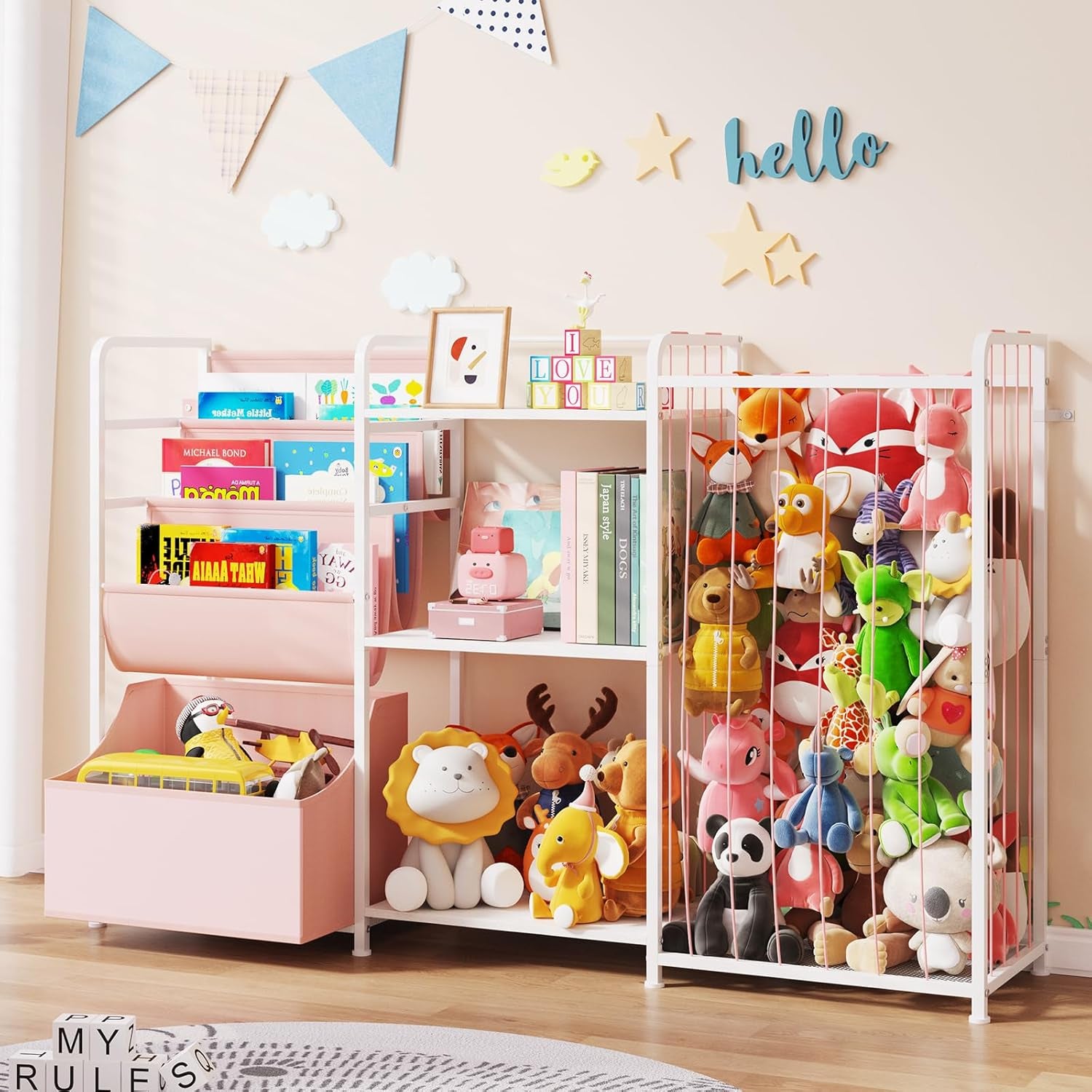 3In1 Stuffed Animal Storage Organizer - Toy Storage with Kids Bookshelf & Large Plushies Holder for Kids Room - Multi-Functional Furniture for Nursery, Bedroom, and Playroom, Pink