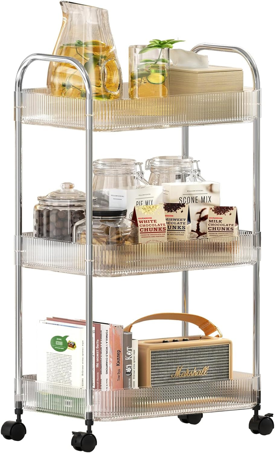 3 Tier Rolling Cart with Lockable Wheels, Clear Acrylic Utility Trolley with Handle, Heavy-Duty Storage Organizer for Kitchen Bathroom Nursery Laundry - Snack Book Craft Organizer (Clear)
