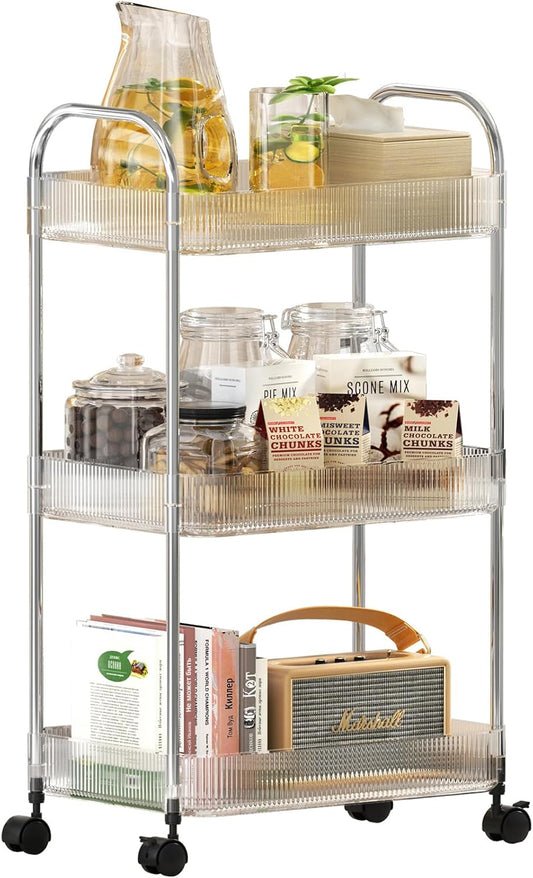 3 Tier Rolling Cart with Lockable Wheels, Clear Acrylic Utility Trolley with Handle, Heavy-Duty Storage Organizer for Kitchen Bathroom Nursery Laundry - Snack Book Craft Organizer (Clear)