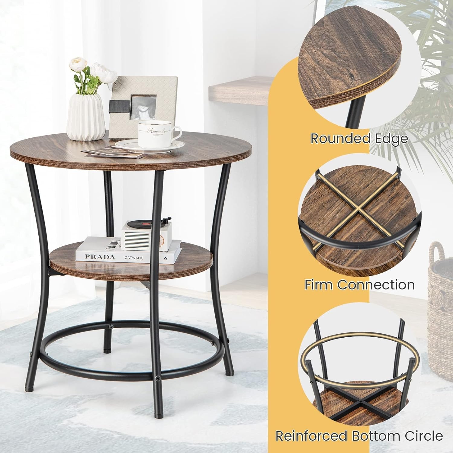 round End Table Set of 2, Industrial Side Table with 2 Storage Shelves & Sturdy Metal Frame, Versatile Bedside Table for Bedroom Living Room Small Space, Easy Assembly (2, Brown)