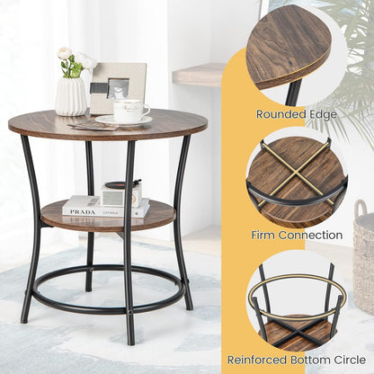 round End Table Set of 2, Industrial Side Table with 2 Storage Shelves & Sturdy Metal Frame, Versatile Bedside Table for Bedroom Living Room Small Space, Easy Assembly (2, Brown)