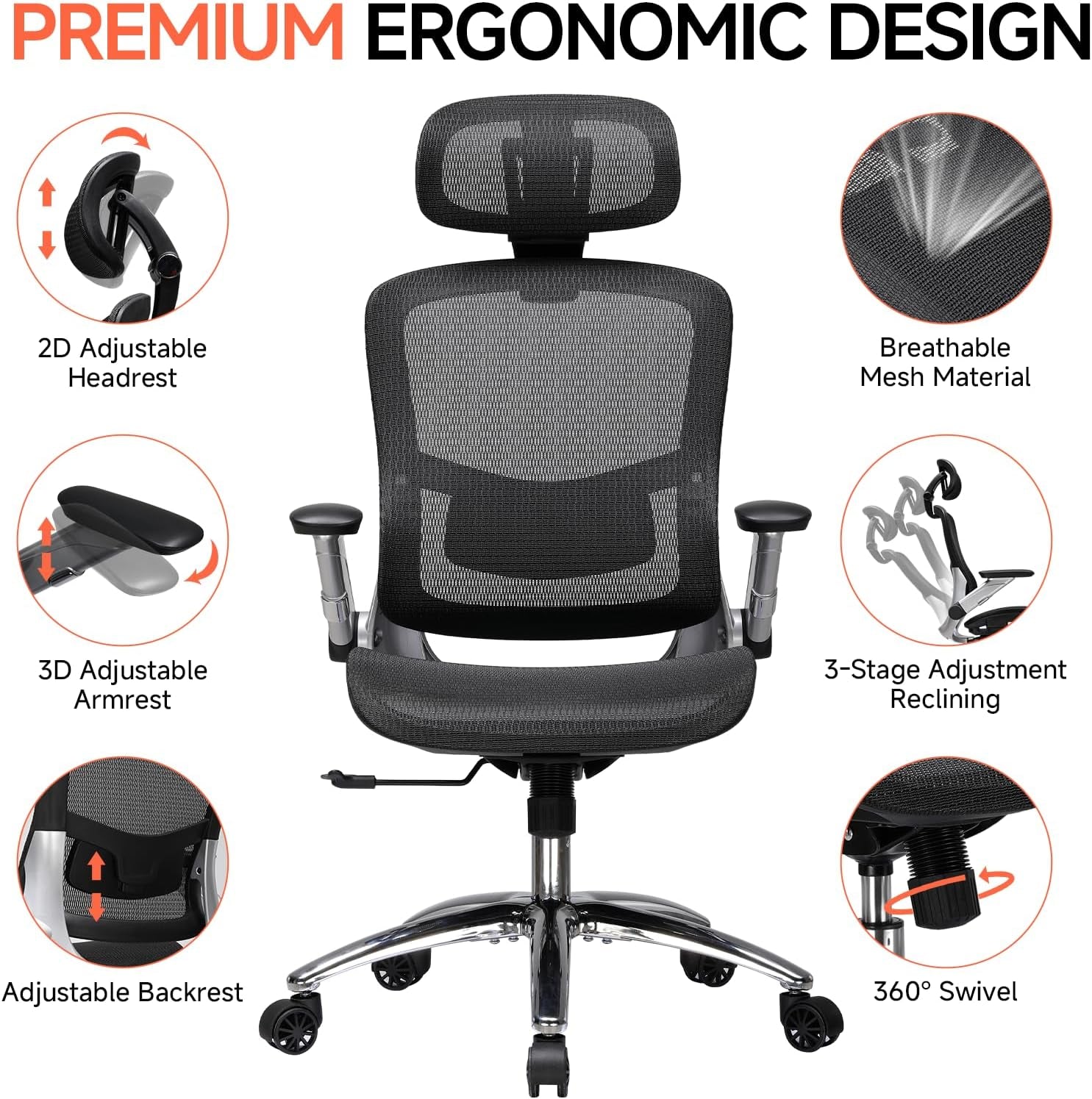 Big and Tall Ergonomic Mesh Office Chair, High Back Home Desk Chair Computer Gaming Chair with Headrest, Flip-Up Arms, 90-125° Tilt Lock and Wide Cushion, Task Chair for Man Woman- Black