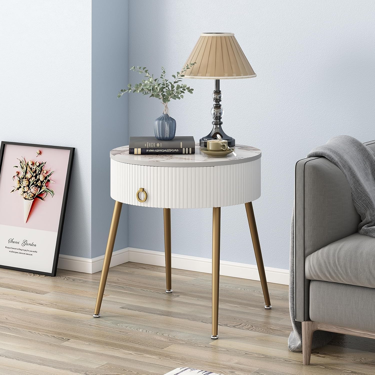 round Nightstand with Drawer, Modern Side Table with Marbling Natural Stone Tabletop and Metal Legs, Small End Table with Storage for Living Room and Bedroom, Gold