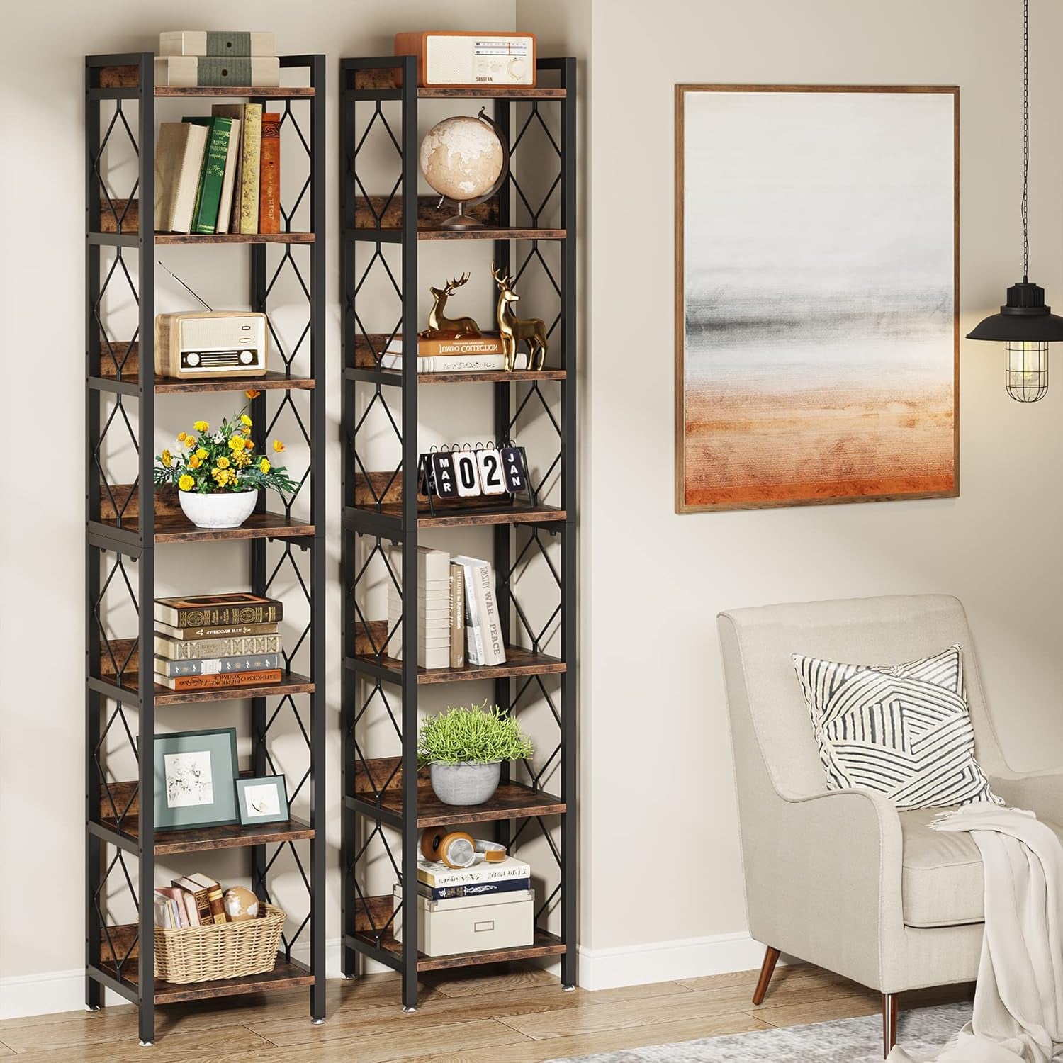 78.7 Inch Extra Tall Narrow Bookshelf, 7 Tier Skinny Bookcase for Small Spaces, Freestanding Display Shelves, Multifunctional Corner Storage Organizer for Home Office, Rustic Brown