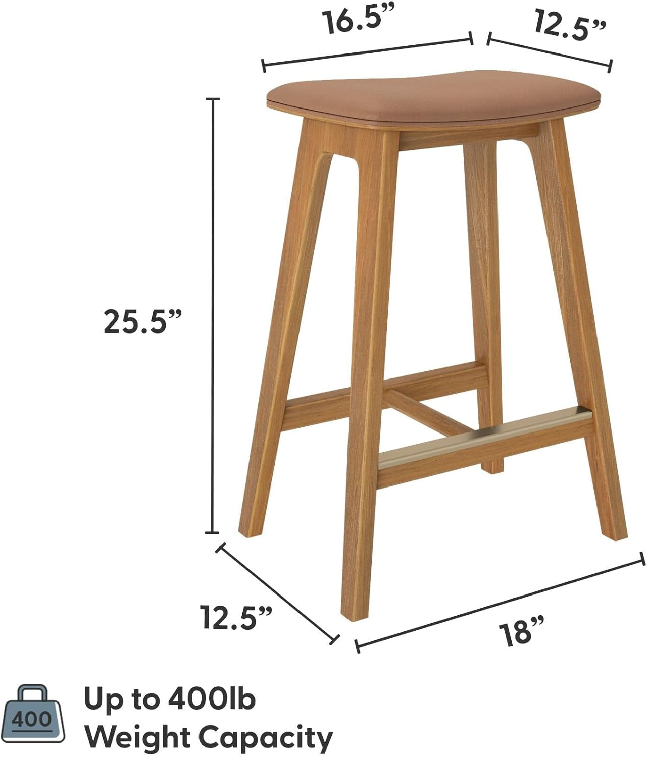 Beryl Counter Height Stool - Mid-Century Modern Rubberwood Bar Stool with Faux Leather Seat, Metal Footrest, Easy Assembly, 2-Pack, Pecan/Toffee