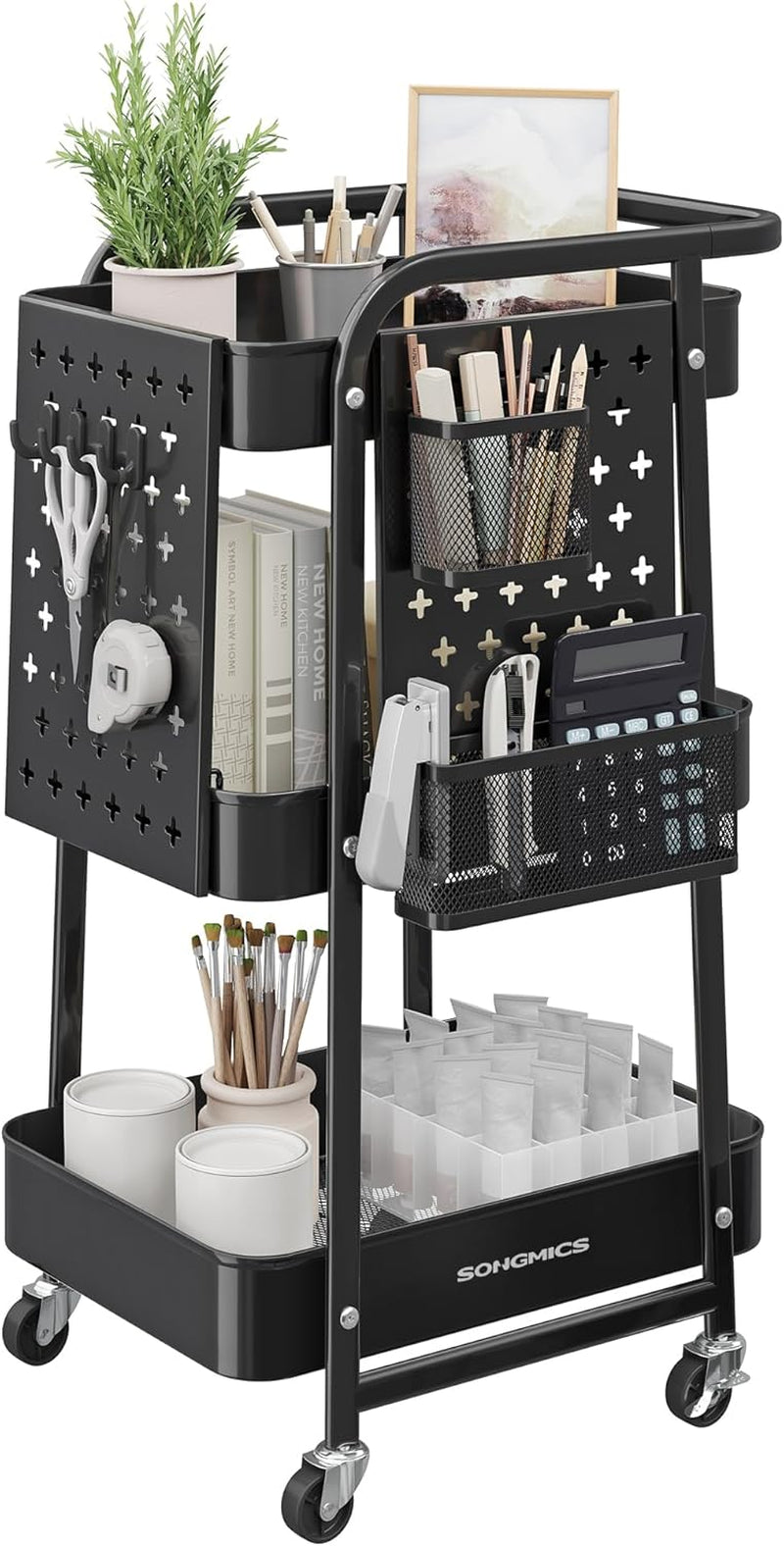 3-Tier Storage Cart, Rolling Utility Cart, Metal Mesh Shelves, 2 Removable Pegboards, 2 Hanging Holders, 4 Hooks, Craft Cart for Living Room, Kitchen, Office, Bathroom, Ink Black ULRC037B01