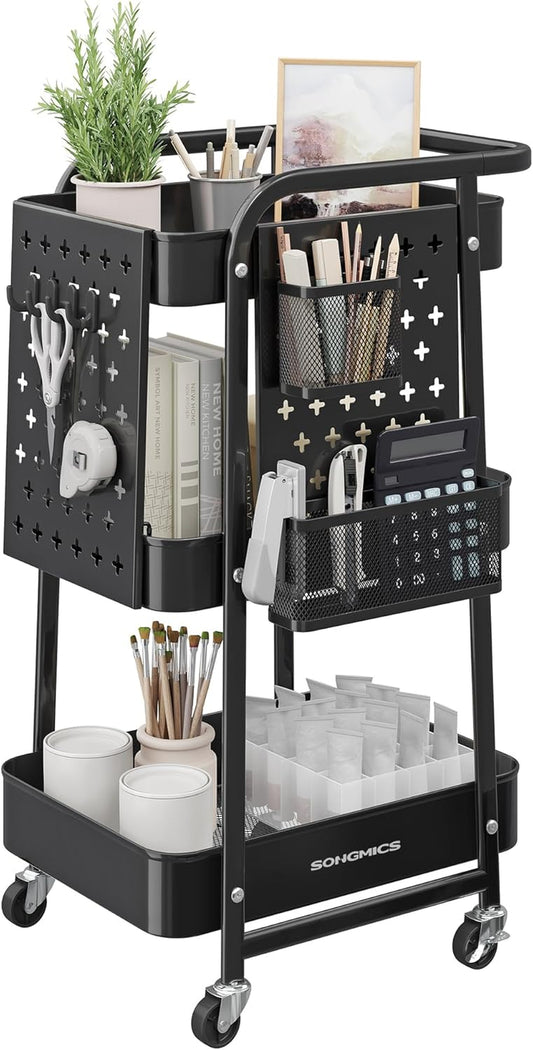 3-Tier Storage Cart, Rolling Utility Cart, Metal Mesh Shelves, 2 Removable Pegboards, 2 Hanging Holders, 4 Hooks, Craft Cart for Living Room, Kitchen, Office, Bathroom, Ink Black ULRC037B01