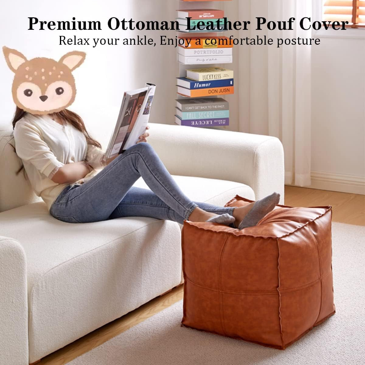 Pouf Ottoman, Unstuffed Pouf Cover, Handmade Faux PU Leather Moroccan, Orange Brown 17.7" Square, Foot Rest for Living Room, Floor Chair Gifts for Men Women, (Only Cover)