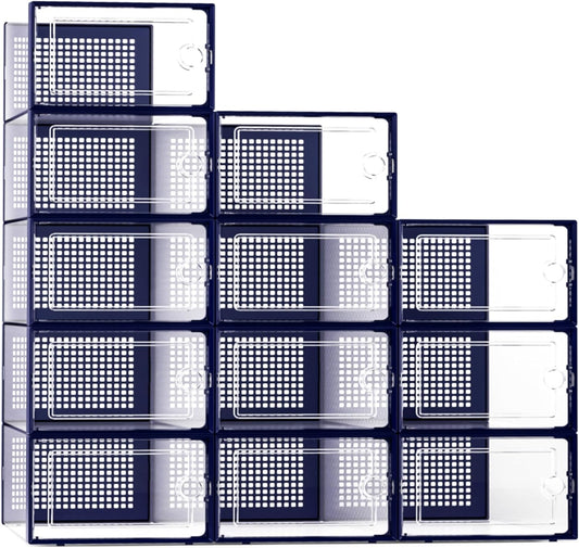 X-Large Shoe Storage Boxes Organizers Clear Plastic Stackable 12 Pack, Shoe Rack & Holder Substitute, Sneaker Containers, Toy Storage Organizer Bins for Entryway, Closet, under Bed, Blue