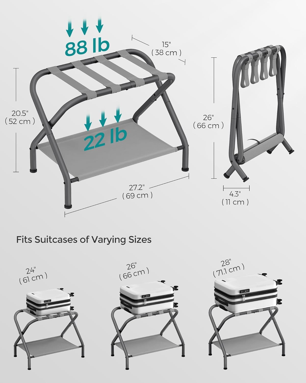 Luggage Racks, Set of 2, Suitcase Stand with Fabric Storage Shelf, for Guest Room, Bedroom, Hotel, Foldable, Holds up to 110 Lb, 27.2 X 15 X 20.5 Inches, Slate Gray URLR002G02