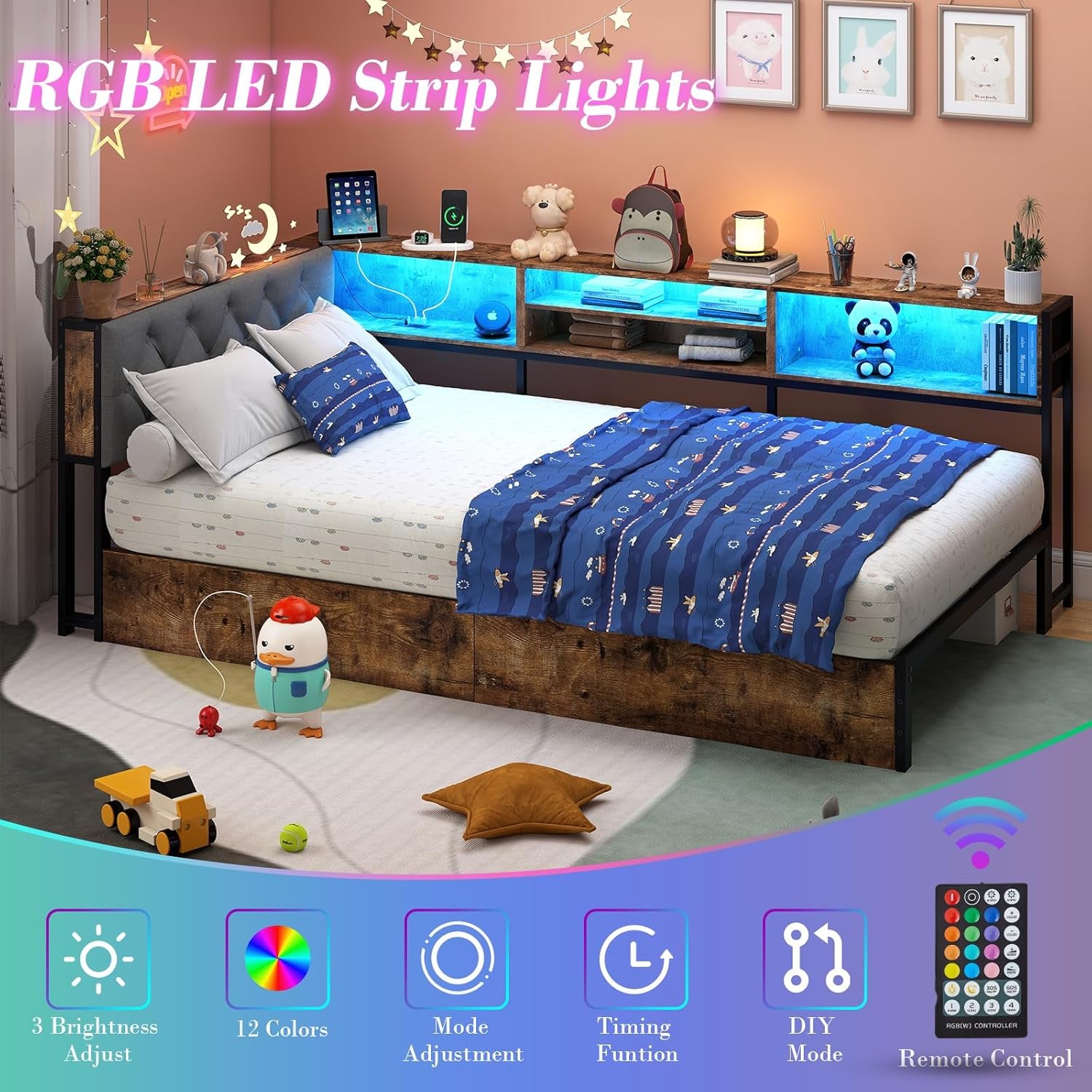 Twin Corner Bed Frame with Storage Bookcase and LED Lights, Twin Size Daybed with 2 Storage Drawers, Upholstered Platform Bed with Headboard and Charging Station, Rustic Brown & Gray